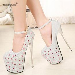 LLXF CDTS Plus:34-42 43 Bling Sliver Stiletto 20cm thin high heels platform shoes Ankle Strap women Red Rhinestone pumps zapatos1