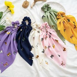 Bow Hair Scrunchies Butterfly Printed Long Streamer Hairband Chiffon Women Hair Tie Rope Ponytail Scarf Hair Accessories 6 Colours