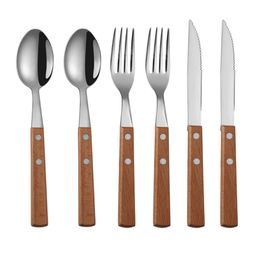 Tablewellware Silverware Tableware Fork Spoon Knife Set 6pcs Cutlery Set Kitchen Dinnerware Set Stainless Steel with Wood Holder 201116