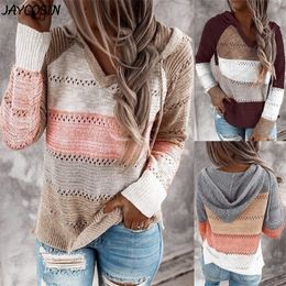 JAYCOSIN Women Lazy Stripe Patchwork V-Neck Long Sleeve Simple Wild Knitted Hooded Sweater Casual Loose Pullovers Tops Sweaters 201130