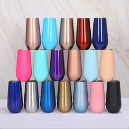 6oz Flute Champagne Coffee Mugs Stainless Steel Stemless Wine Glasses Double Wall Vacuum Insulation Tumblers with Lid WWQ