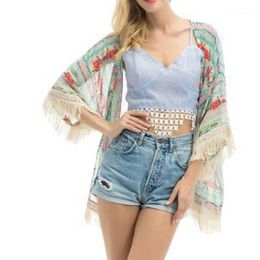 Sarongs Hirigin Women Floral Chiffon Shawl Kimono Cardigan Top Sweet Style Tissue Loose Shirt Fashion Beach Bikini Set Cover Up1