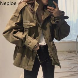 Neploe Army Green Women Jacket Drawstring Lace Up Slim Waist Coat Autumn Retro Zipper Stand Neck Medium-long Outwear 55198 201112