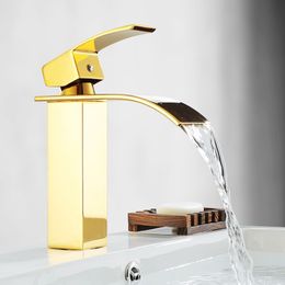 -Бесплатная доставка Современный водопад ванной раковина раковина кран PVD золото кран