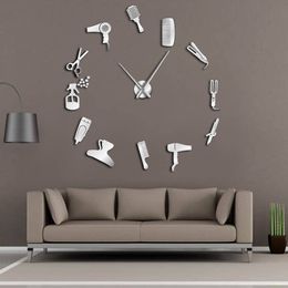 DIY Toolkit Barber Shop Giant Wall Clock with Mirror Effect Barber Decorative Frameless Wall Watch Hairdresser Barber Wall Art Y200109