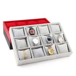 2022 bandejas de exibição de jóias de linho Tonviic preto / vermelho / cinza / de linho relógio pulseira pulseira jóias exibir suporte de suporte de bandeja com 12pcs travesseiro