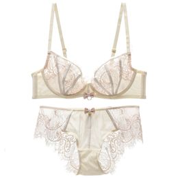 Sexy Transparent bra and panty set Lingerie Bow Underwire Unlined Embroidery Underwear women Intimates push Up 3/4 cup sheer Y200708