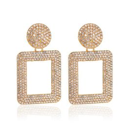 Europe Style Hollow Square Stud Earrings With Full Diamond Circle Gold Ear Drop Women Geometric Business Party Dangle Earrings
