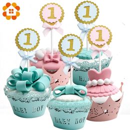 10pcs/lot Cake Toppers Round blue&pink Birthday Party Decoration 1 year first kids Birthday Party DIY Cupcake Topper Supplies Y200618