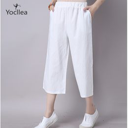 Summer Casual Pants women Cotton Linen Wide leg Pants Solid Plus size Calf-Length Pants Women Loose Elastic Waist Trousers YL255 201031