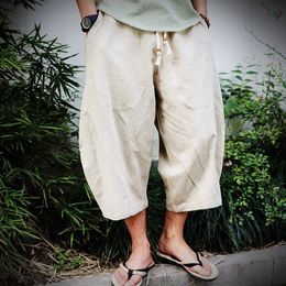Summer Chinese style pants men's Cropped Trousers wide leg pants linen casual bottom 201109