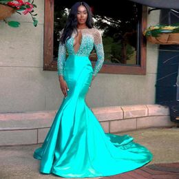 Stylish Beaded Mermaid Backless Prom Dresses Deep V Neck Sequined Long Sleeves Evening Gowns Sweep Train Satin Formal Dress