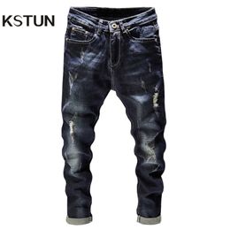 Ripped Men Jeans Dark Blue Stretch Slim Fit Destroyed Broken Holes Denim Pants Casual Biker Jeans Male Hip hop Mens Punk Jeans 201118