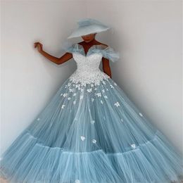 princess a line evening dresses ruffles tulle appliqued lace prom dress light sky blue custom made robe de soire party wear