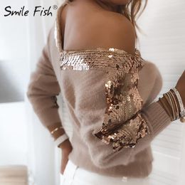 Women Elegant Solid Color Sequin Winter Sweaters Autumn Sexy Off Shoulder Pullovers Tops Ladies Casual Long Sleeve Sweater G2037 201123
