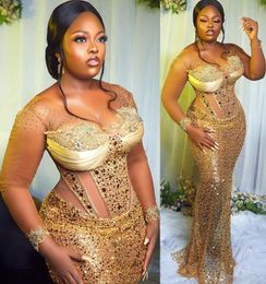 Luxurious Gold Plus Size Mermaid Prom Dresses Beaded Crystals Evening Formal Party Second Reception Birthday Engagement Gowns 2022