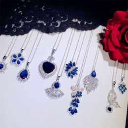 Necklaces Pendants For Women Solid 925 Silver Sapphire Blue Cubic Zirconia Luxury Fine Jewelry Clavicular Chain High Quality Q0531