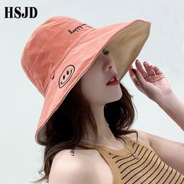 Summer New Female Smiling Face Double-sided Large Wide Brim Sun Hats Cotton Foldable Anti-UV Beach Hat Women Bucket Hat Y200714