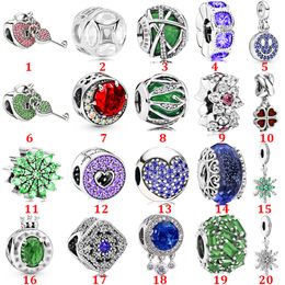 Genuine 925 Sterling Silver Fit Bracelet Charms Green Crown Snowflake Glass Bead Cat Eye Clover Love Heart Blue Crysta Charm for Diy Beads