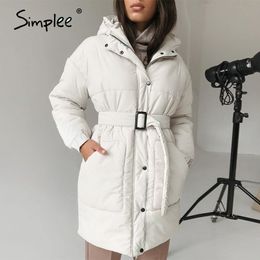 Simplee Fashion white waist band women winter coat Elegant v-neck long cotton female parkas Causal warm coat with hat 201006