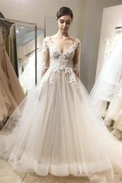 Custom Long Sleeves Lace Wedding Dresses 2021 with Appliques Sweep Train Tulle A Line Wedding Bridal Gowns Vestidoe De Noiva