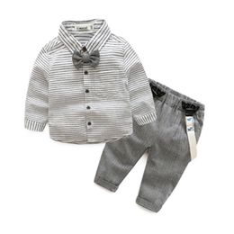 Boys clothes striped baby boy clothes shirt with bow and overalls grey Colour baby clothes mini gentleman baby vestido LJ201023