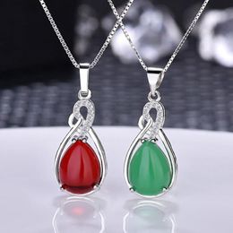 Vintage Style Trendy in Korean Retro Long Drop Necklace Silver Chain Green&Red Water Drop Stone Bohemian Pendants Crystal Jewel
