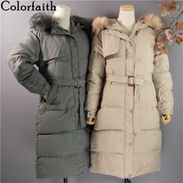 Colorfaith New Autumn Winter Women Long Jacket Quilted Office Lady Lace Up Puffer Parkas High-Quality Hooded Coat CO809 201103