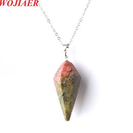 WOJIAER Hexagonal Pyramid Pendant Necklace Natural Unakite Jasper Gem Stone Reiki Chakra Dangle Beads Jewellery Z9083