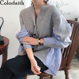 Colorfaith New Autumn Women's Sweaters Patchwork Srtiped Knitting V-Neck Stylish Knitted Button Cardigans Loose Tops SW8161 201017