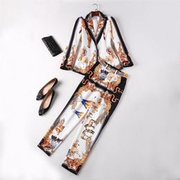 High Quality Designing Women Vintage Pants Suits Single Button Blazer Slim Trousers Runway Printing Two Pieces Sets Outfits 201030
