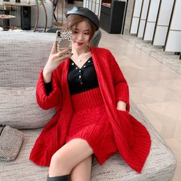 Autumn Winter Women Sweater Sets Fashion Casual Deep V-neck Loose Twist Cardigan and Slim Knitting Skirt 2 Pcs Outfit f2452