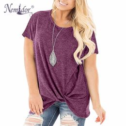 Nemidor Women Short Sleeve Casual Soft Side Twist Knotted T Shirts Loose Fit Plus Size Summer Tee Tops T200110