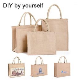 VintagePortable Reusable Jute Shopping Bag Eco Friendly Burlap Large Capacity Handbag Handmade DIY By Yourself Storage Bags