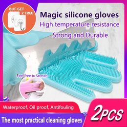 1 PairMagic Silicone Dishwashing Scrubber Dish Washing Sponge Rubber Scrub Gloves Kitchen Cleaning Household Dishwashing Gloves 201207