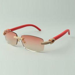Direct sales micro-paved diamond sunglasses 3524026 with red natural wood temples designer glasses, size: 56-18-135 mm