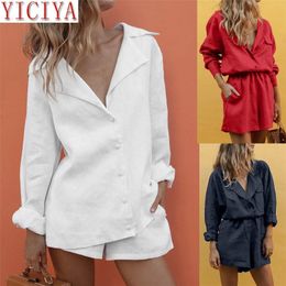 2020 2 Piece Set Women Outfits V Neck Slim Summer Tracksuit Matching Temperament Suit Shorts Suit Long Sleeve Clothes For Woman LJ201117