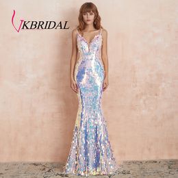 VKbridal Sparkly Evening Dresses Sexy Backless Illusion V Neck Pink Sequin Long Prom Party Formal Gowns 201114