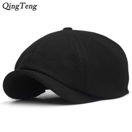 Two Sizes Solid Black Vintage Men Berets Caps Wool Beret Hat French Peaked Caps Female Casual Newsboy Cap Wool Ivy Boinas Y200110