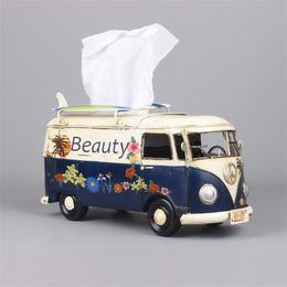 Multicolor Flower Bus Model Figurines Retro Car Tissue Box Home Decoration Crafts Vintage Ornaments Living Room Decor 201125