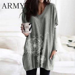 Fluffy Oversized Sweatshirts Dress Women Plus Size V-Neck Print Pocket Blouse Fall Long Sleeve Patchwork Home Tunic Green LJ201103