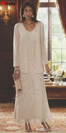 NEW! 2022 Elegant V Neck Mothers Dresses Two Pieces Beaded Wedding Guest Ankle Length Mother Of the Bride Dresses With Long Sleeves Jacket