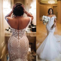 2021 Elegant Plus Size Dresses Mermaid Off The Shoulder Tulle Sweep Train Backless Custom Made Chapel Wedding Gown Vestido De Novia 403 403