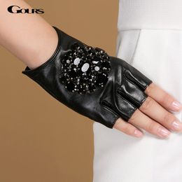 Gours Winter Genuine Leather Gloves Women Fashion Brand Black Stone Driving Fingerless Gloves Ladies Goatskin Mittens GSL040 201104