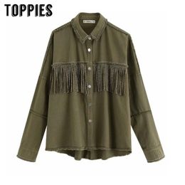 Toppies Spring tassels for breast Denim Jacket Loose Army Green Button Coat Woman Jeans Jacket Irregular Hem Streetwear 201120