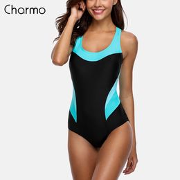 Charmo One Piece Women Sports Swimwear color block Sports Swimsuit Patchwork Beachwear Bathing Suit Padded Monikini body suit T200708