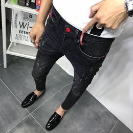 Trendy men's slim feet skinny jeans men Korean stretch cat mustache black old social teenagers guy cropped pencil pants 201116