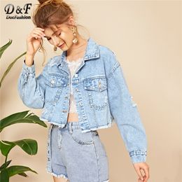 Dotfashion Blue Ripped Frayed Edge Flakes Crop Denim Jacket Women Autumn Casual Single Breasted Clothing Autumn Solid Coat T200212