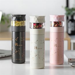 Creative Stainless Steel Thermos Cup Vacuum Flask Heat Preservation Tea Strainer Separation Infuser With Button Portable Mug 201109