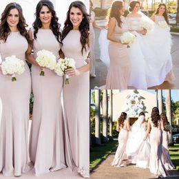 2021 Sexy Simple Mermaid Bridesmaid Dresses Jewel Neck Sleeveless Open Back Sweep Train Plus Size Arabic Wedding Guest Maid of Honour Gowns